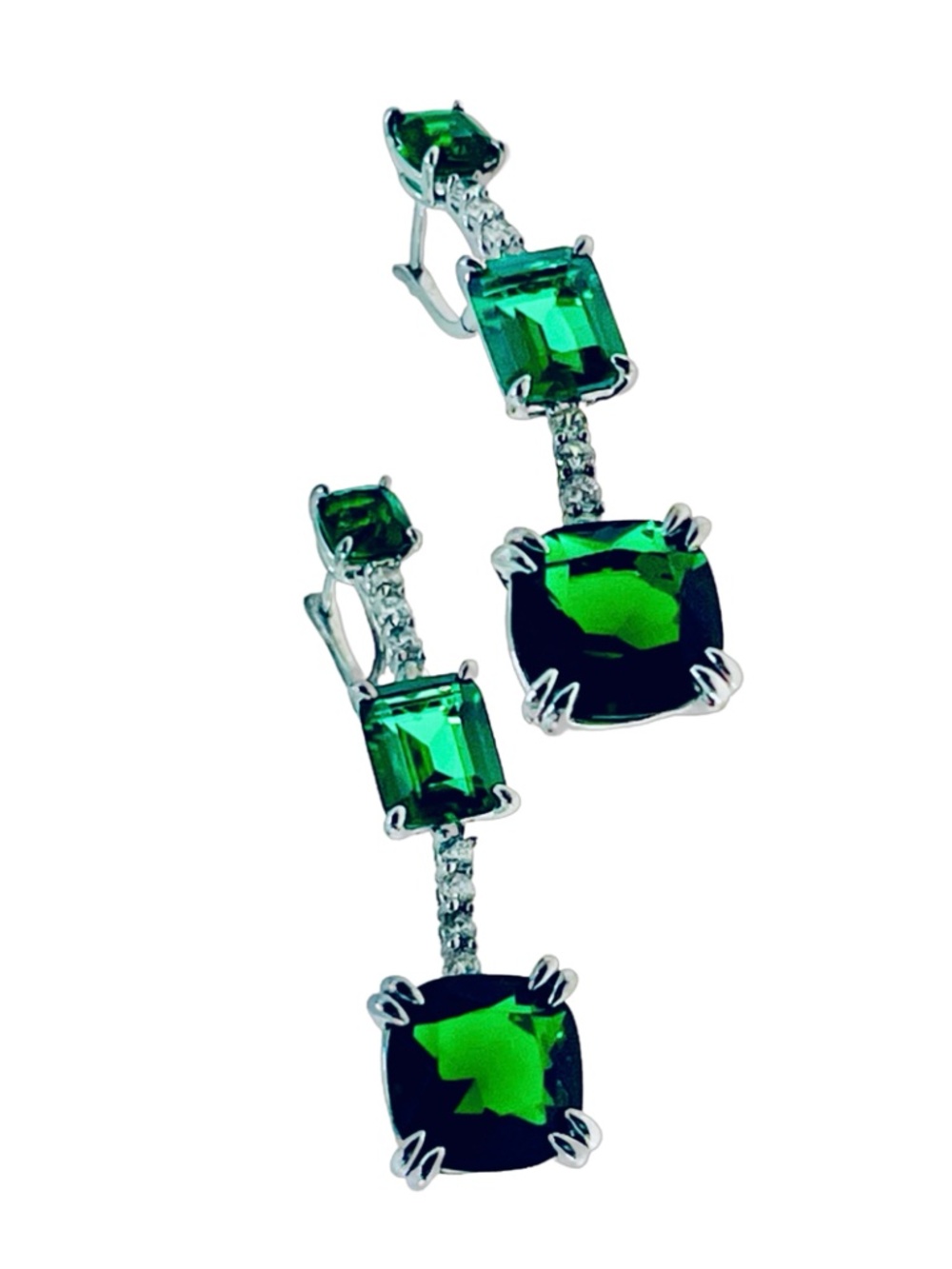 Dangle Earrings in Silver Tone with Green Rhinestones